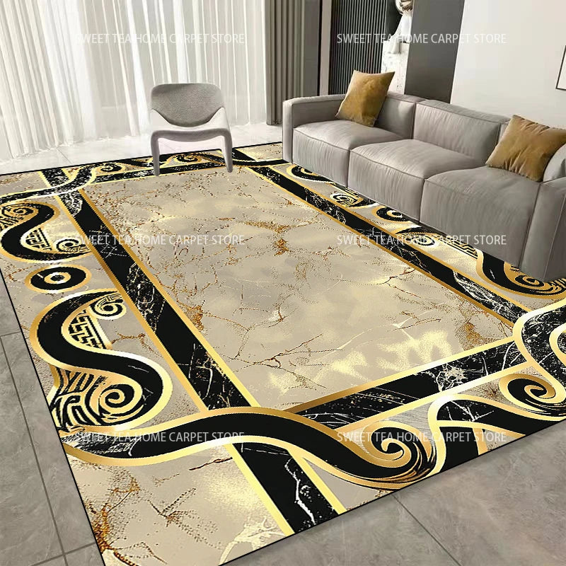 Modern Golden Frame Luxury Carpet – Washable Large Area Rug for Living Room & Bedroom