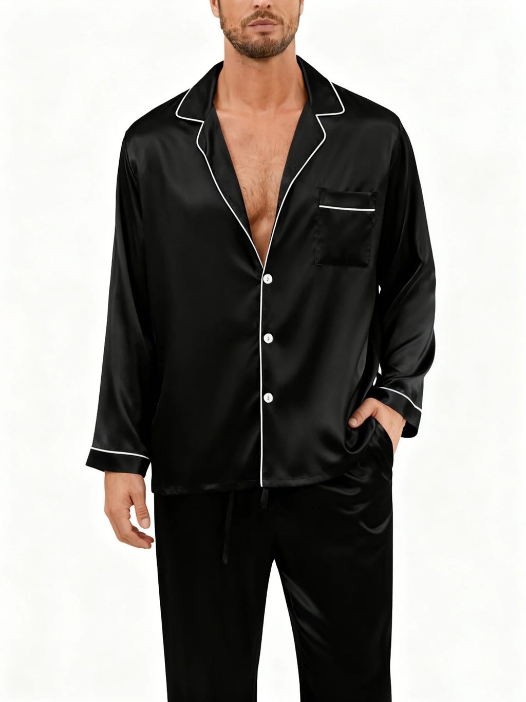 Men's Luxury Contrast Trim Pajama Set — Long Sleeve Top & Pants