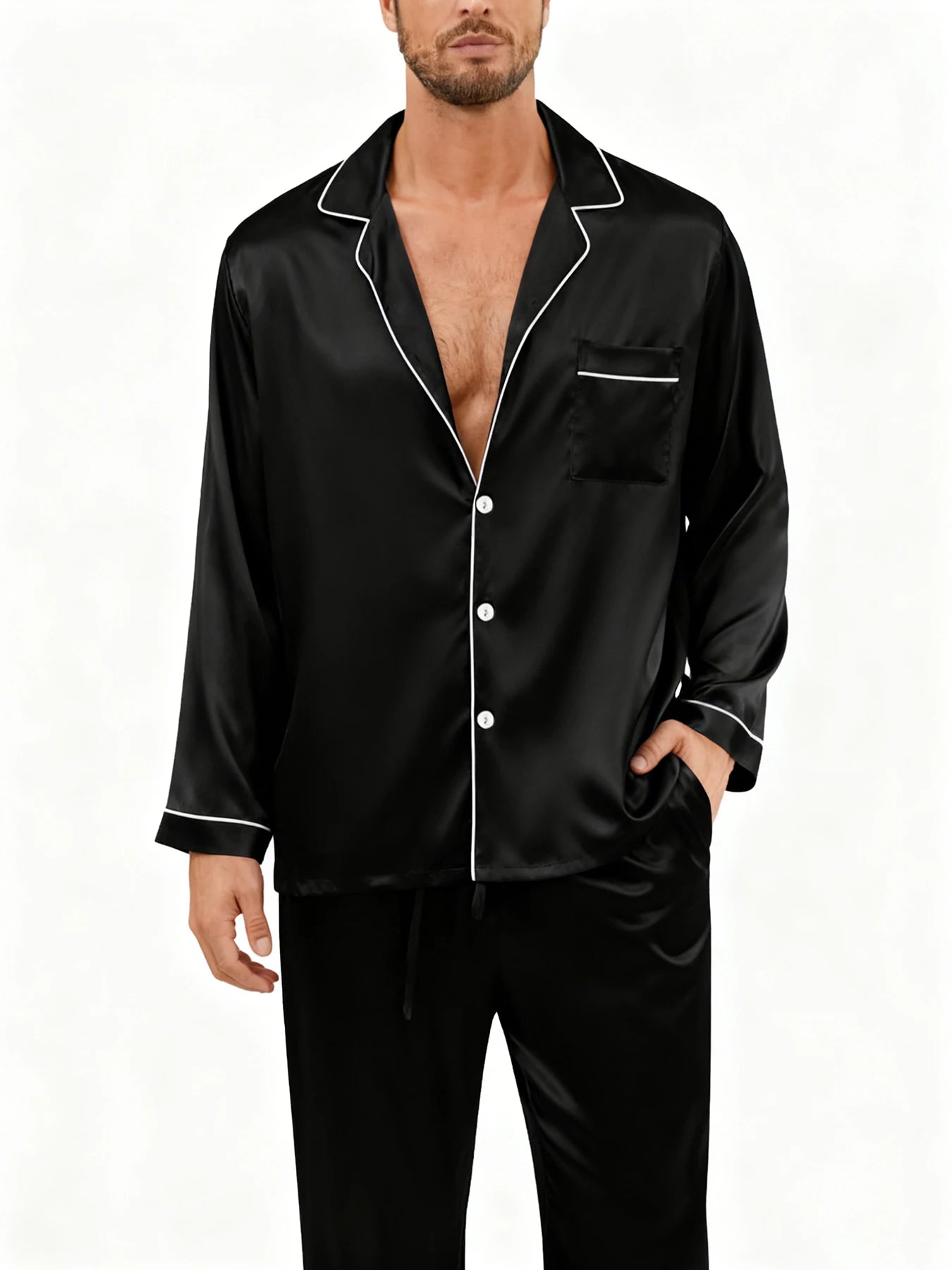 Men's Luxury Contrast Trim Pajama Set — Long Sleeve Top & Pants