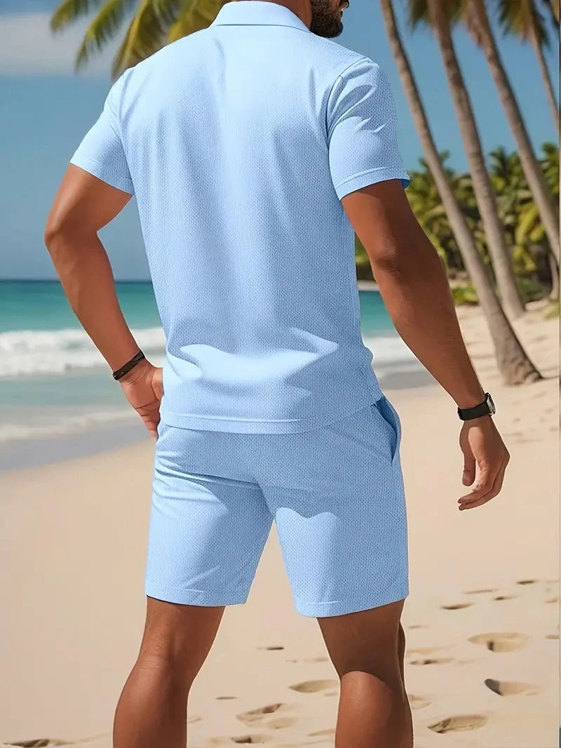 Men's Button-Down Polo Shirt & Breathable Mesh Shorts Set – Casual Versatile Summer Plus Size