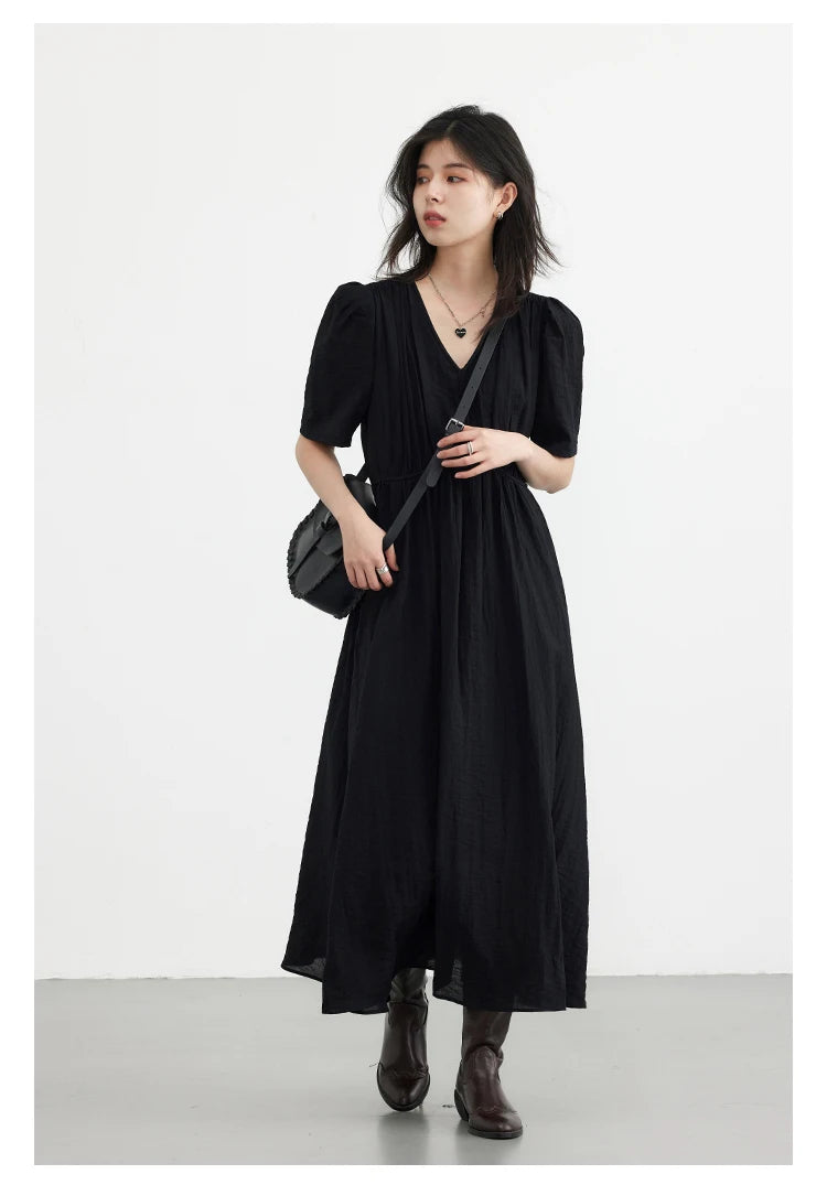 CHIC VEN Women Dresses French Style Vintage V-neck Puff Sleeve Long Dress Solid Black Loose Female Clothing Summer New 2023