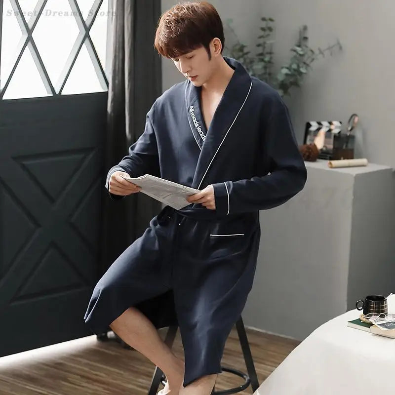 Men's Pure Cotton Plaid Kimono Robe | Long Bathrobe Dressing Gown M-4XL