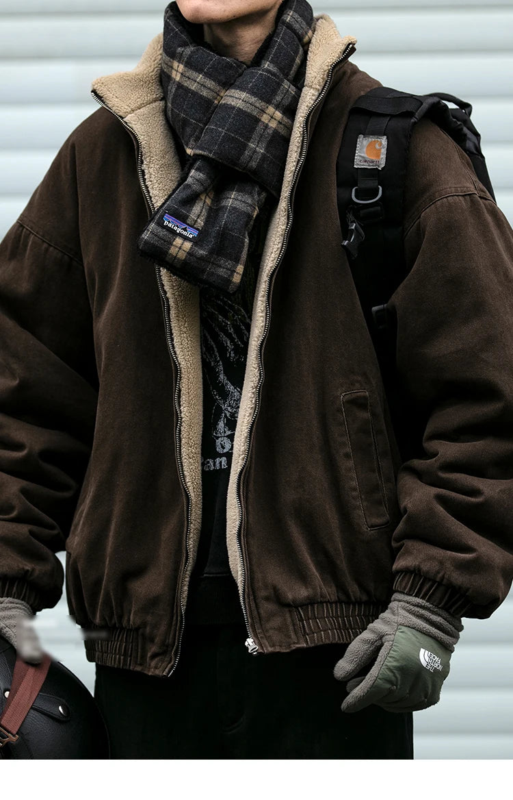 Men's Vintage Polar Fleece Jacket — Korean Streetwear Loose Warm Coat