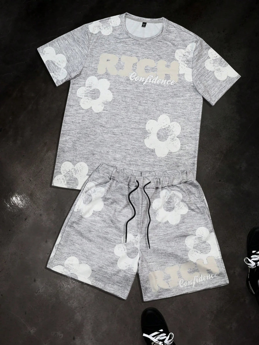 Men's Flower Graphic Print T-Shirt & Elastic Waist Shorts Casual Two-Piece Set