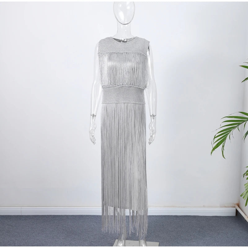 Sequin Tassel Evening Dress — Sleeveless O-Neck High Waist Slim Long Party Dress