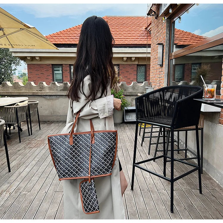 Embroidered Geometric PU Tote Shoulder Bag – Versatile Large Capacity Shopping Class Bag for Women