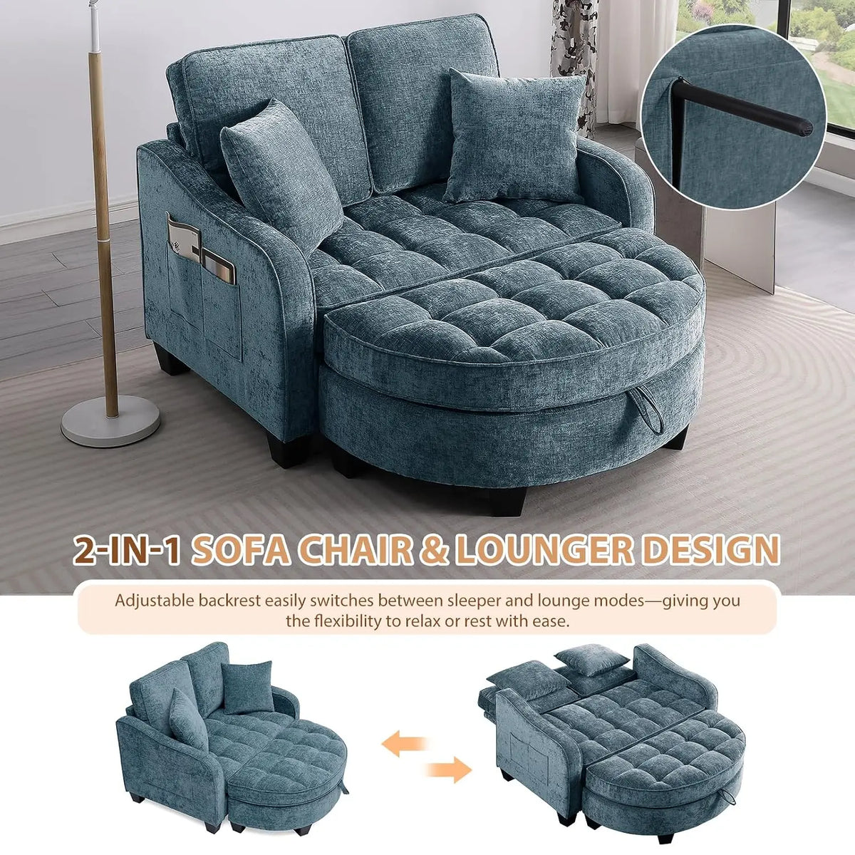 Chenille Reclining Chaise Lounge with Storage Ottoman