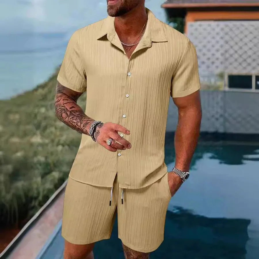 Men's Striped Polo Cardigan & Drawstring Shorts Sports Suit – Solid Color 2-Piece