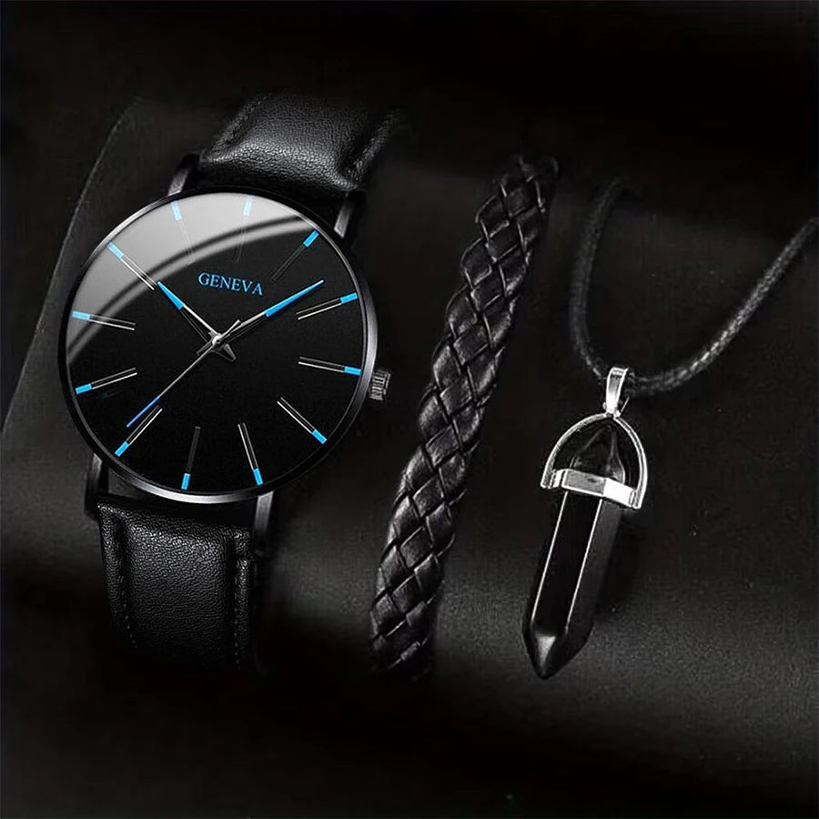 Men's 3-Piece Business Watch Set | Leather Band Quartz Watch + Necklace + Bracelet Gift Set