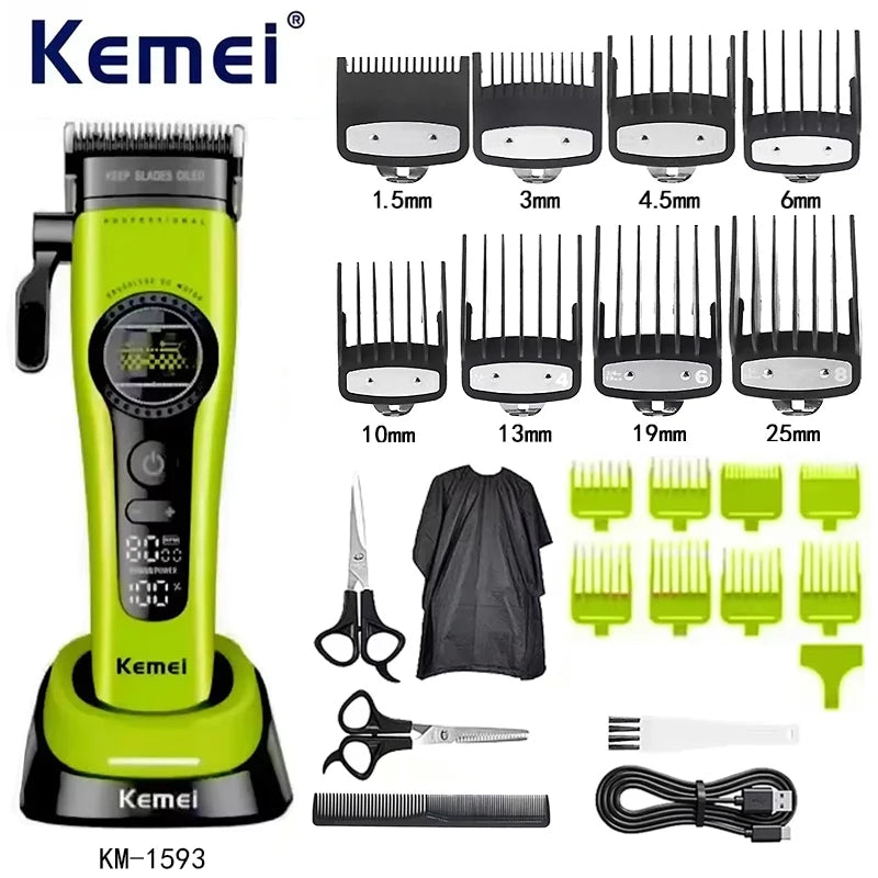 Kemei KM-1593 / KM-1595 Brushless Hair Clipper – DLC Blade, 8000 RPM, 200-Min Runtime, USB-C