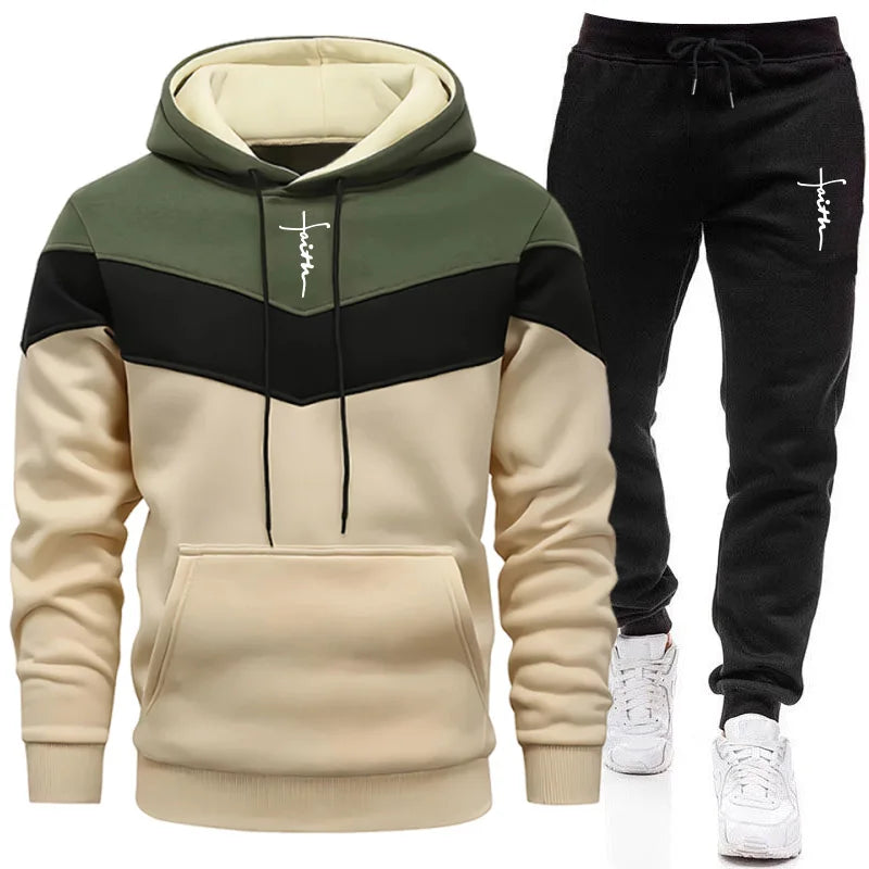 Men's Tricolor Hoodie & Sweatpants Tracksuit – Autumn Winter Casual Sport Set