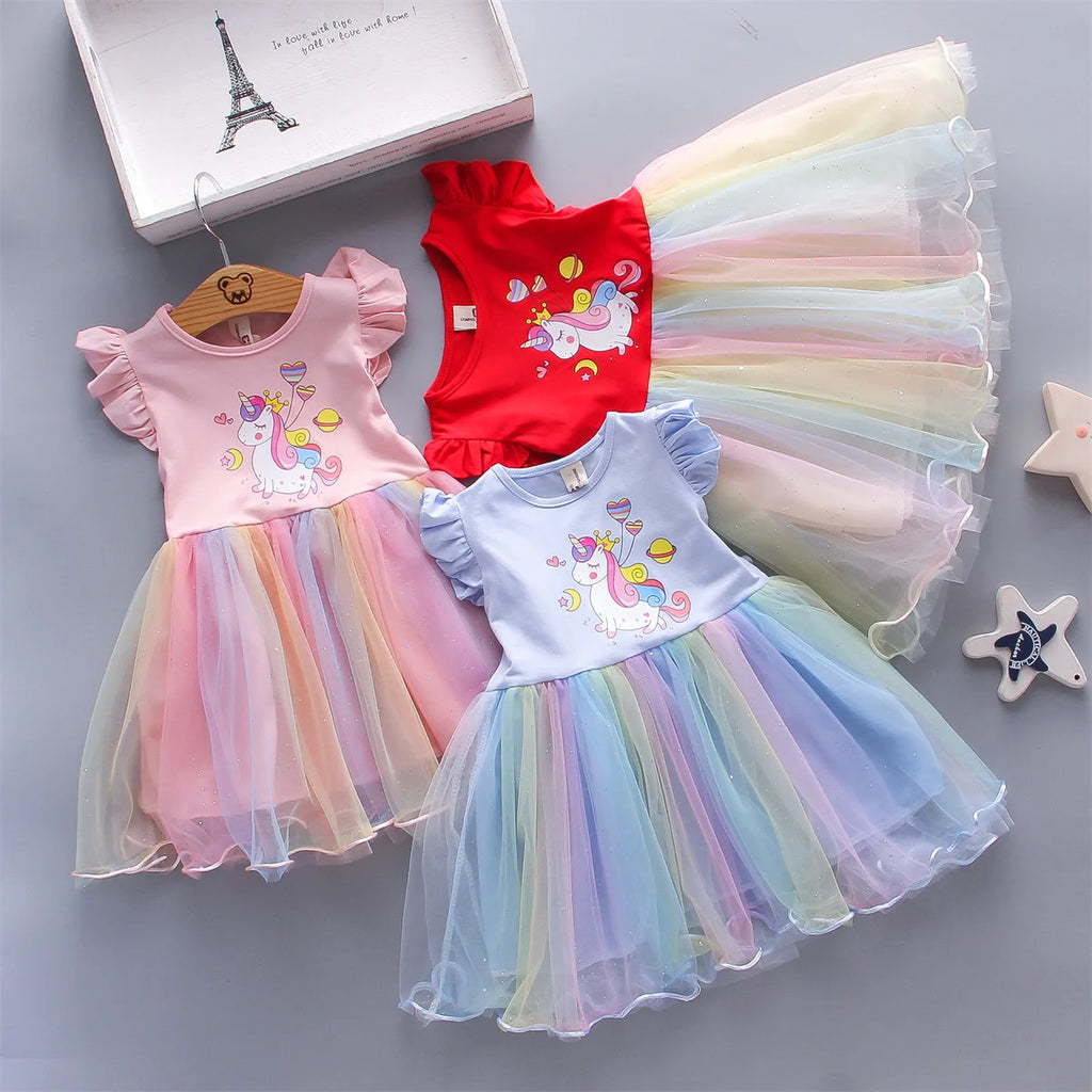 Baby Girl Sleeveless Casual Dress — Rainbow Mesh Print (0–3 Years)