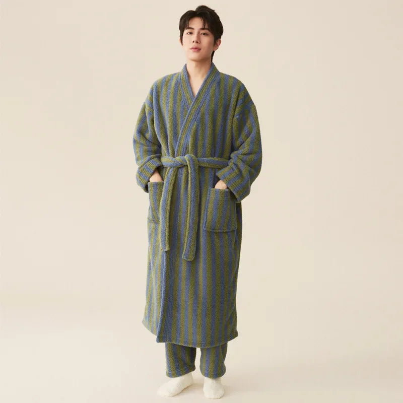 Thickened Flannel Robe & Pants Pajamas Set | Couple Coral Velvet Striped Bathrobe Homewear