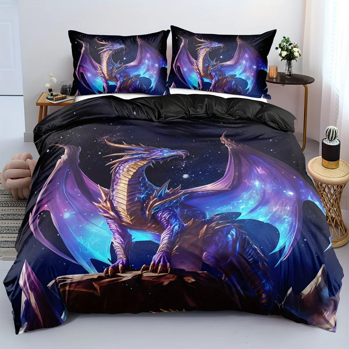 3D Dragon Print Bedding Set – Psychedelic Aesthetic Duvet Cover, Soft Breathable Polyester, Twin to King