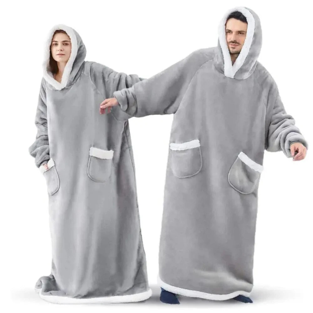 Super Long Flannel Blanket Hoodie – 180cm Oversized Fleece Sweatshirt with Sleeves for Women & Men