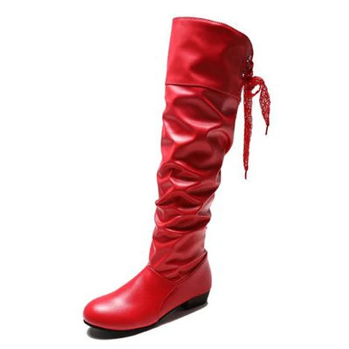 Women's Pleated Knee-High Boots — Low Heel Leather