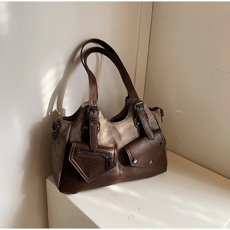 Retro Color-Block Satchel Shoulder Bag – European Style PU Leather Tote Handbag for Women