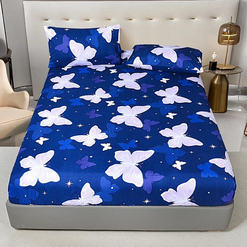White Marble Print Fitted Bed Sheet with Elastic Band | Single, Queen & King Size, All-Around Bed Cover