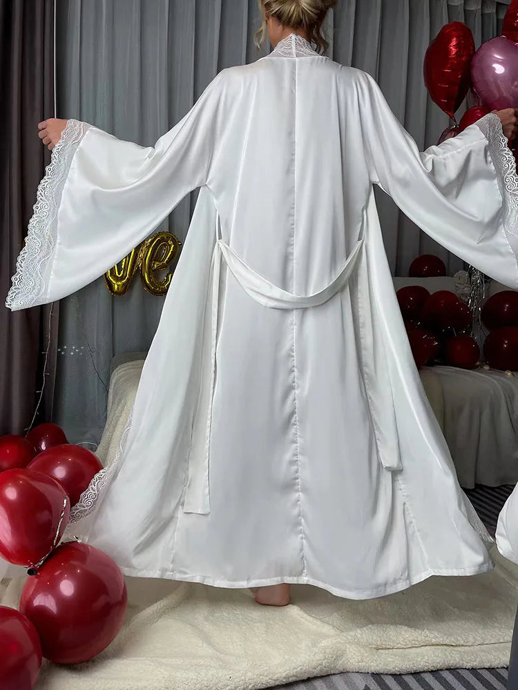 Women's Lace Patchwork Kimono Robe | Flare Sleeve Bridal Wedding Loungewear