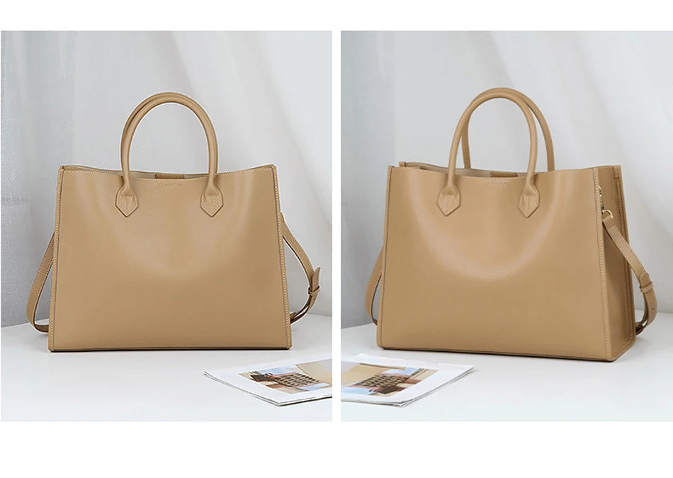 Luxury Cowhide Leather Tote Bag – Large Capacity Shoulder Bag with Laptop Compartment for Women