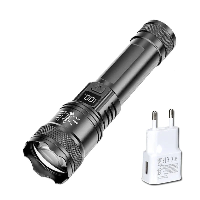 Rechargeable LED Flashlight – 800 Lumen, Zoomable, LCD Display, 3 Modes, Waterproof Camping Torch