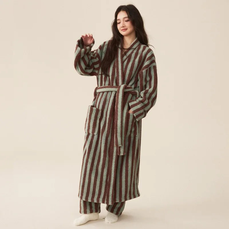 Women's Coral Velvet Striped Fleece Robe | Thick Plush Dressing Gown Loungewear