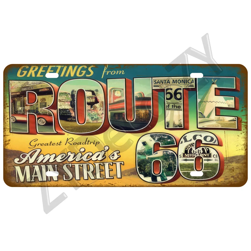 Route 66 Vintage Car Garage Tin Sign — Retro Wall Art Decor