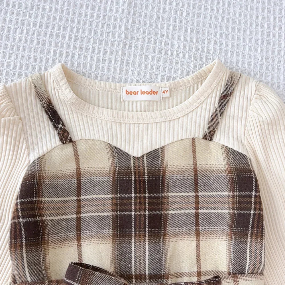 Korean Plaid Girls Casual Dress Set — Long Sleeve Shirt with Belt & Hat (3–7 Years)
