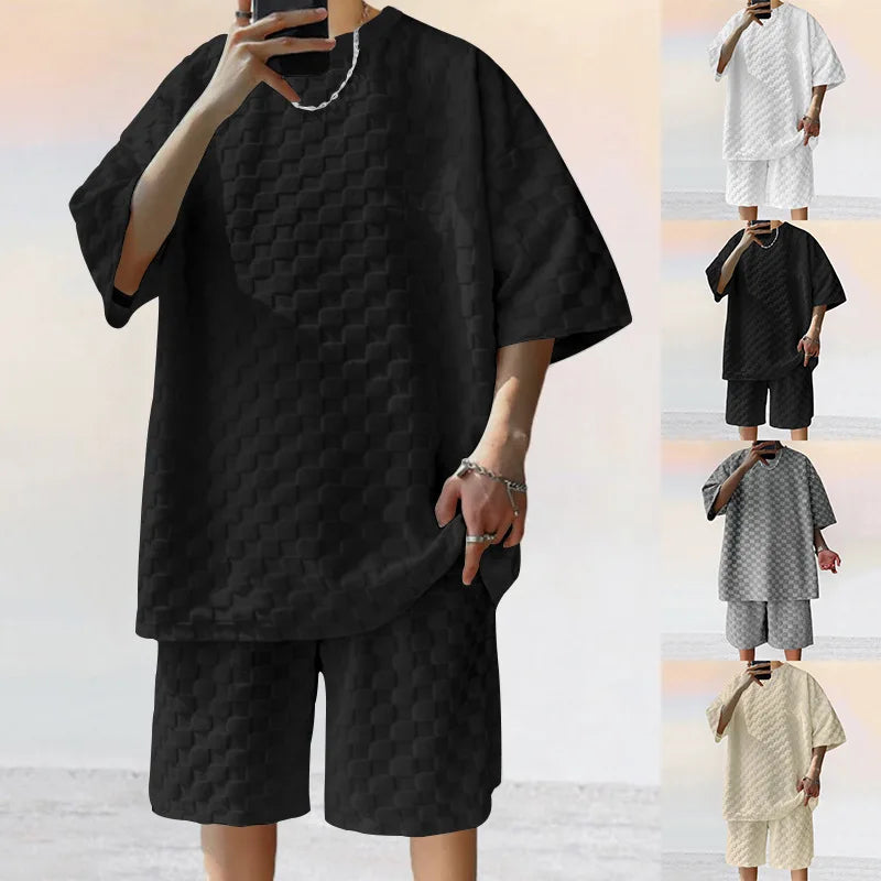 Men's Oversized Chessboard Plaid Shirt & Shorts Set – Loose Summer Leisure 2-Piece