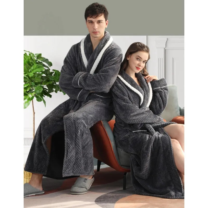 Thicken Flannel Couple Robe with Pockets | Long Winter Bathrobe Gown for Men & Women