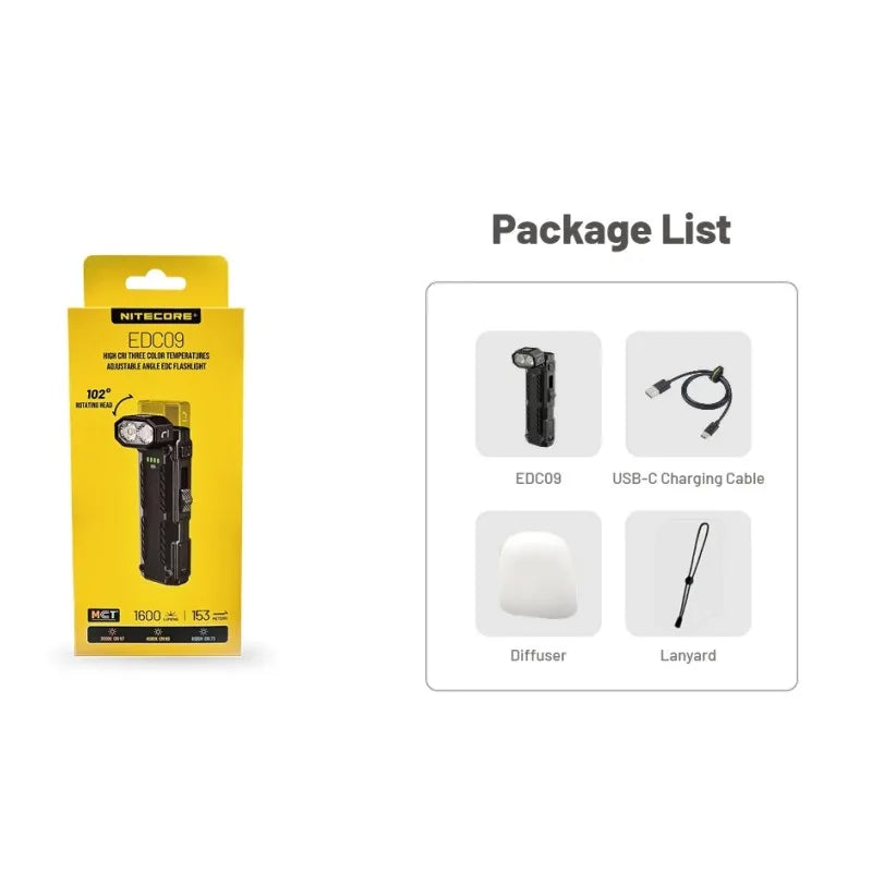 NITECORE EDC09 – 1600 Lumen, 3 Color Temperatures, 102° Rotating Head, USB-C Rechargeable EDC Work Light