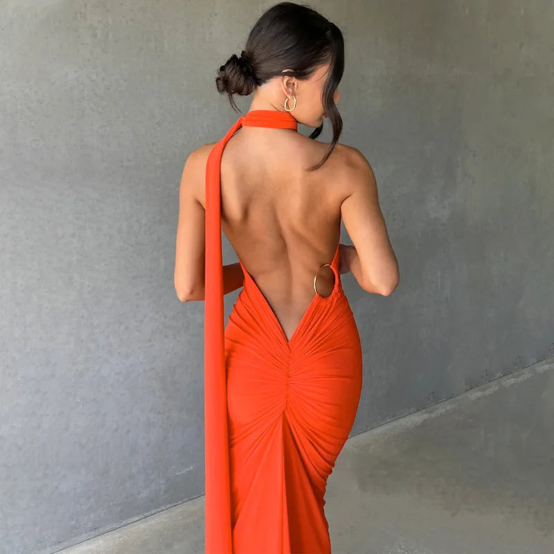 Backless Ruched Slim Bodycon Maxi Dress — Elegant Formal Wedding Guest Evening Dress