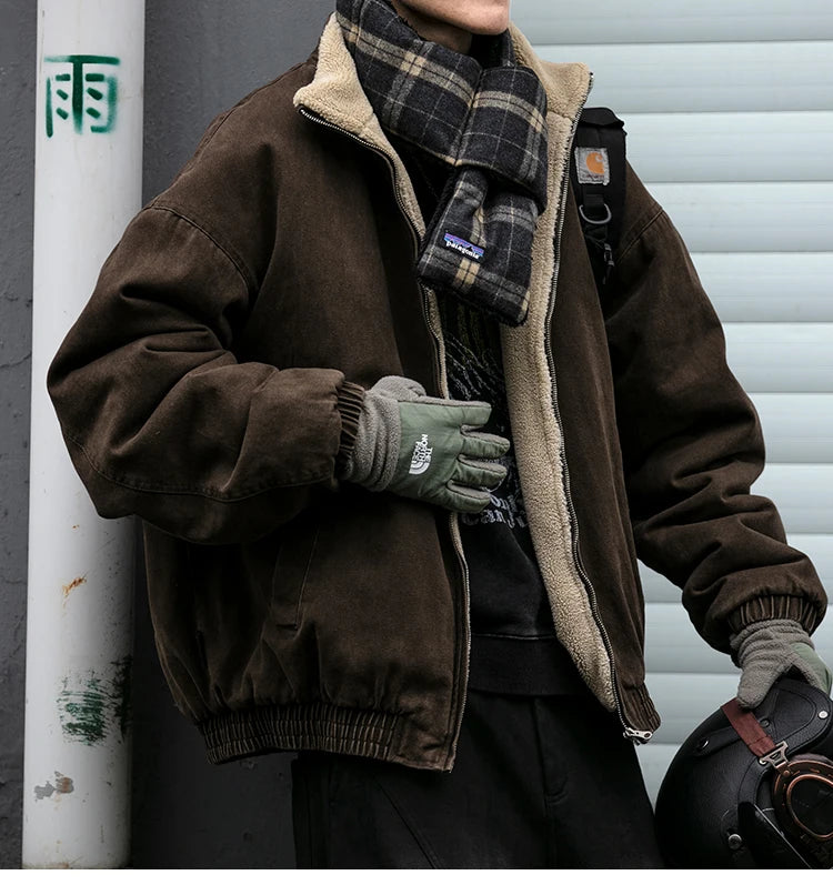 Men's Vintage Polar Fleece Jacket — Korean Streetwear Loose Warm Coat