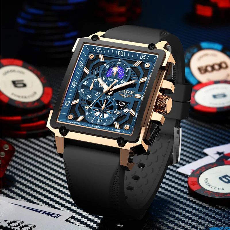 LIGE Men's Hollow Square Sport Watch | Fashion Silicone Strap Waterproof Quartz Wristwatch with Box