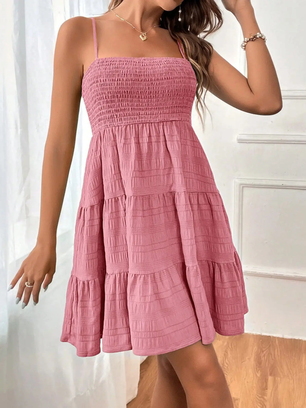 Women's Smocked Bustier Ruffled Tiered Swing Mini Dress – Spaghetti Strap Beach Vacation Dress