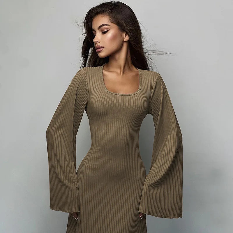 Long Flare Sleeve Maxi Dress — Slim Lace-Up Floor-Length Casual Office Dress
