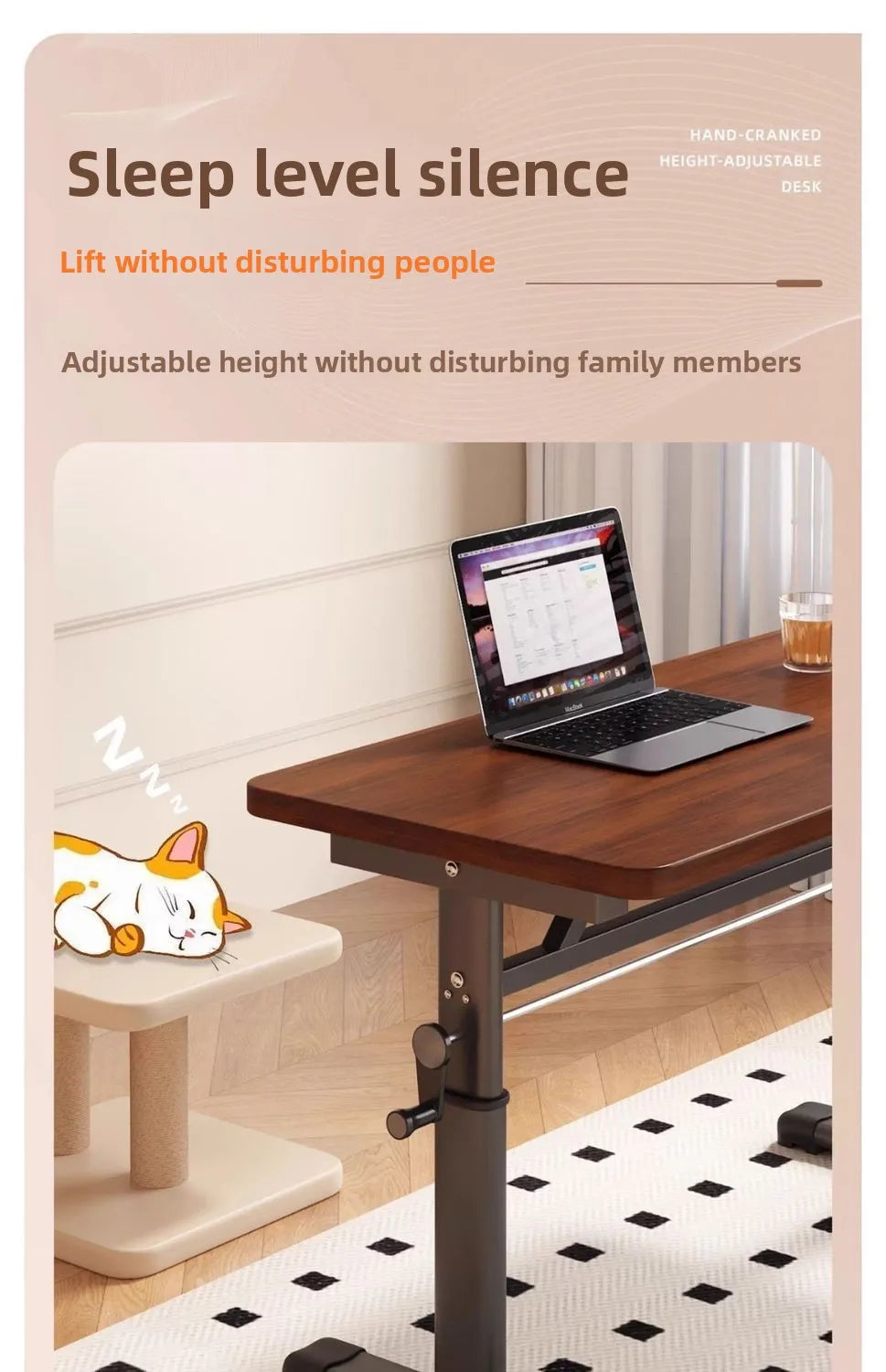 Manual Crank Height-Adjustable Computer Desk — Ergonomic Study Table, 65–95cm, Multiple Finishes