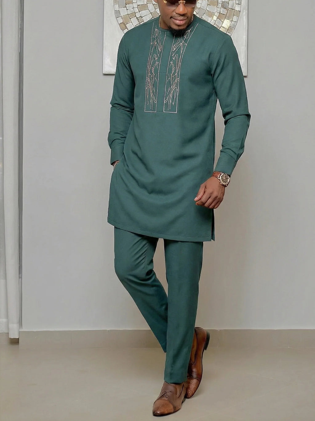 Men's African Kaunda Kaftan Long Sleeve Top & Pants 2-Piece Suit – Traditional Ethnic Wear