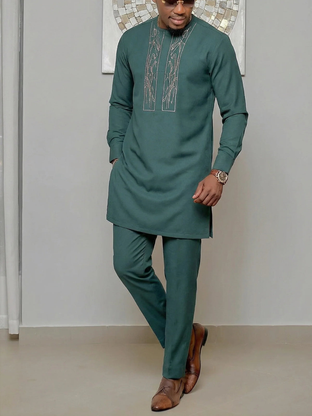 Men's African Kaunda Kaftan Long Sleeve Top & Pants 2-Piece Suit – Traditional Ethnic Wear