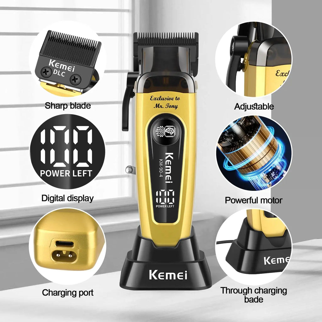 Kemei KM-90 Professional Hair Clipper Set – DLC Blade, Brushless Motor, 11,500 RPM, Cordless Barber Kit