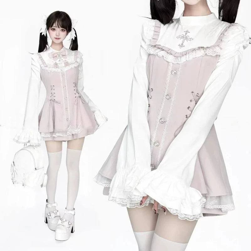 Japanese Gothic Lolita Mini Dress — Harajuku Y2K Bow Lace Ruffle Party Dress