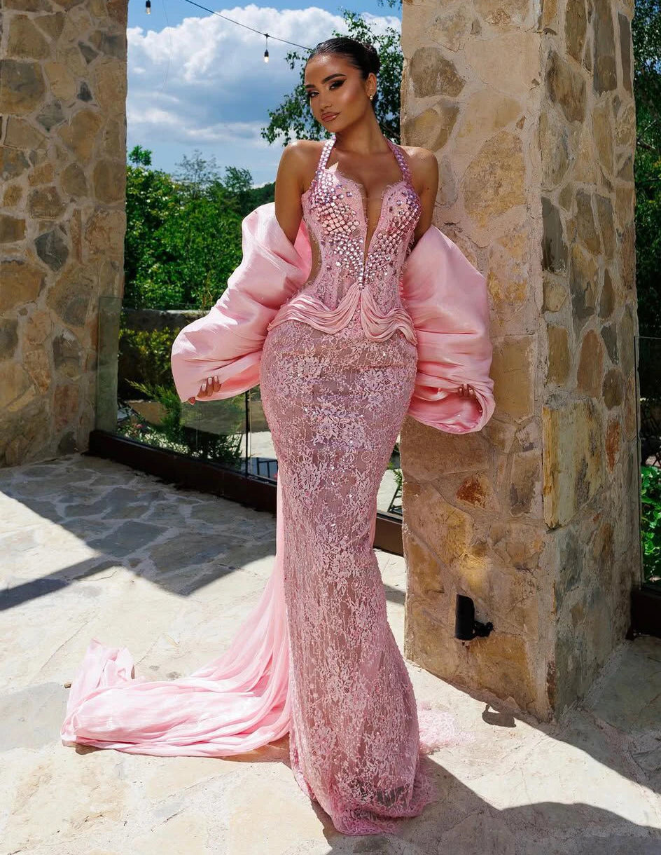 Fashion Evening Dresses For Women Halter Neck Sleeveless Wrap Gown Lace Rhinestone Sweep Train Dress Party Customized vestidos