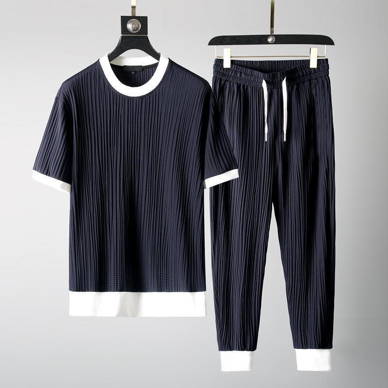 Men's Elastic Pleated Short-Sleeve & Nine-Point Pants Set – Breathable Summer Suit