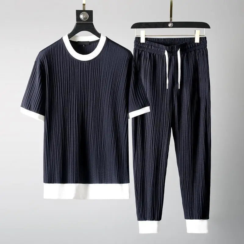Men's Elastic Pleated Short-Sleeve & Nine-Point Pants Set – Breathable Summer Suit