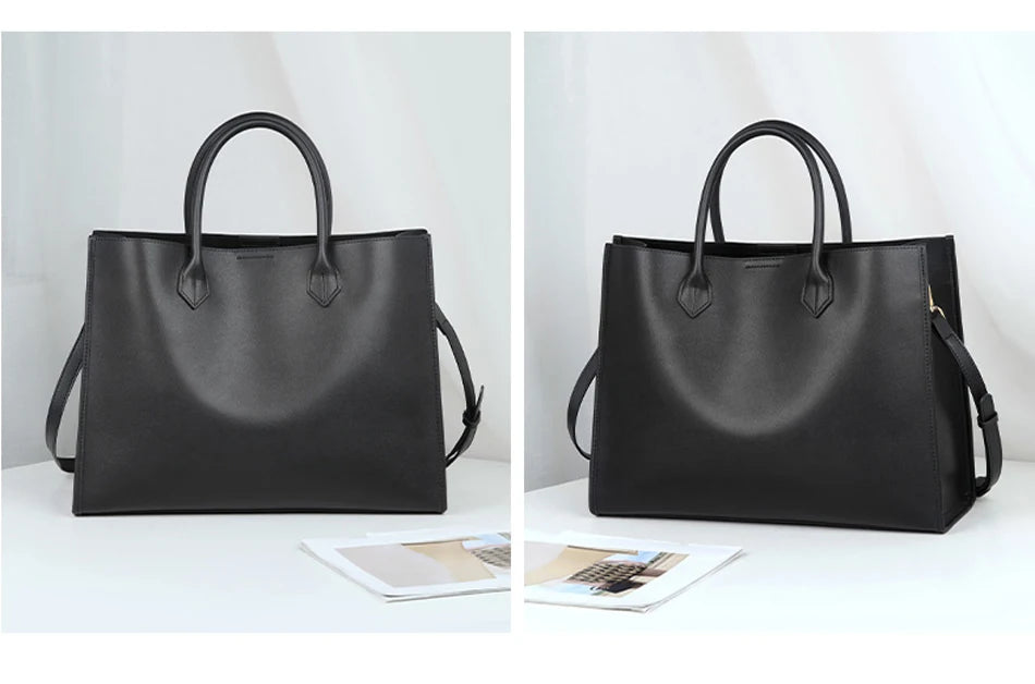 Luxury Cowhide Leather Tote Bag – Large Capacity Shoulder Bag with Laptop Compartment for Women