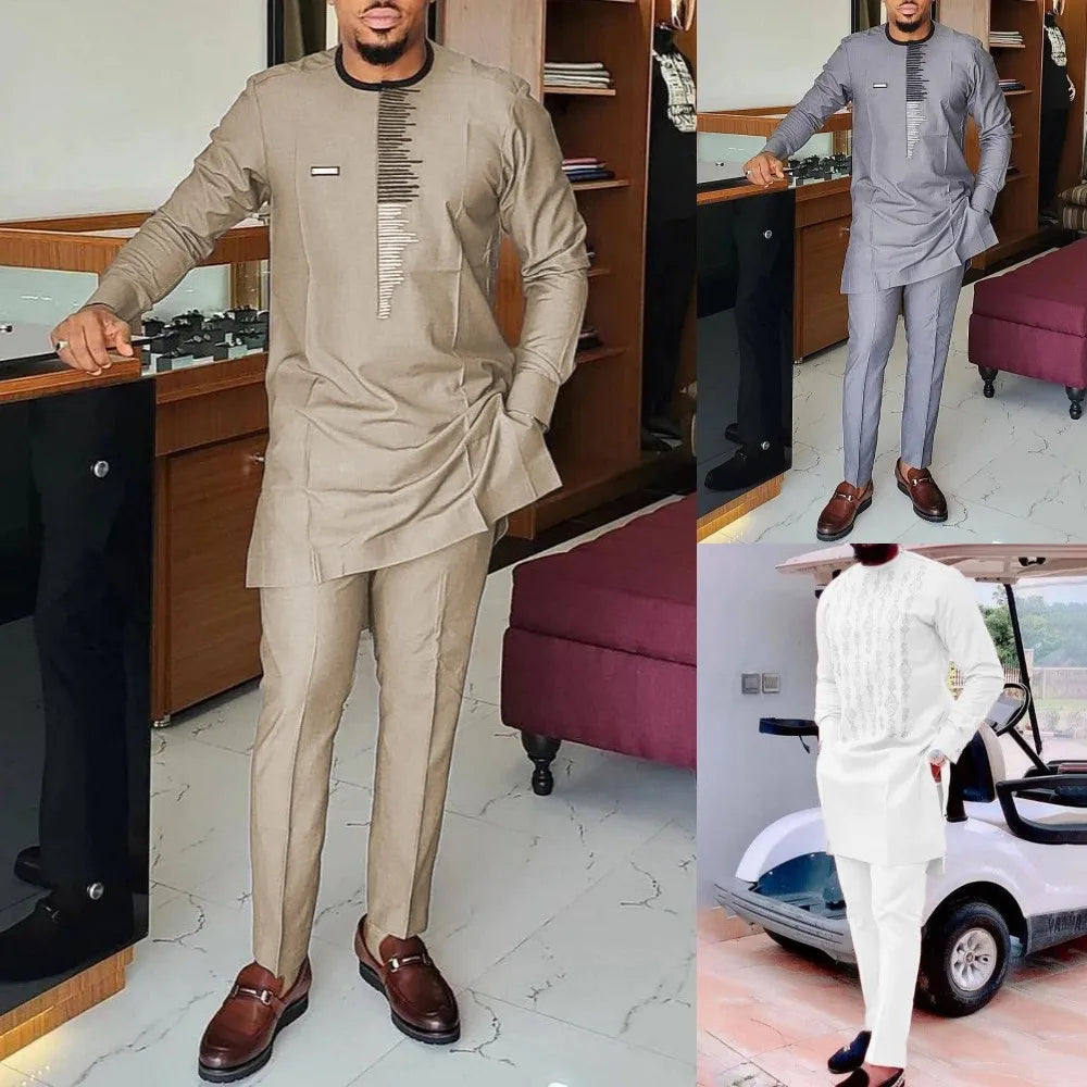 Men's Geometric Print Long Sleeve Top & Drawstring Pants Two-Piece Suit