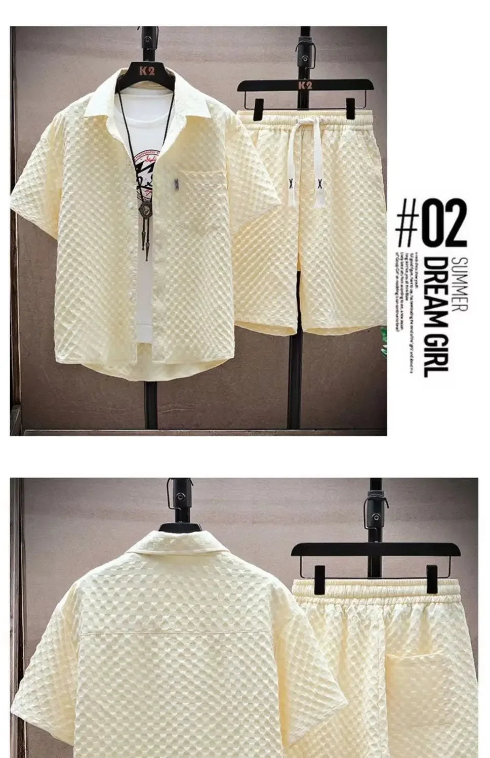 Men's Ice Silk Plaid Lapel Shirt & Shorts Set – Korean Luxury Casual Oversize 2-Piece
