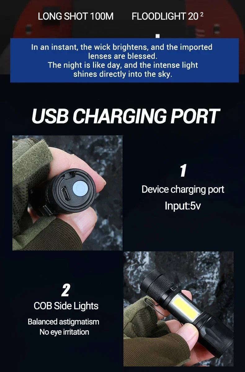 Mini Torch LED Rechargeable Flashlight — High Power USB Charging Waterproof Camping Lantern