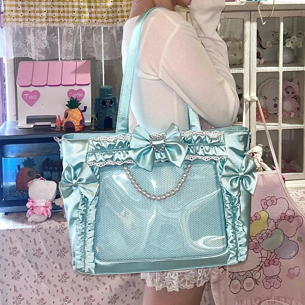 miyagawa Satin Pearl Bow Ita Bag Square Tote – Japanese Sweet High Capacity Shoulder Bag for Women