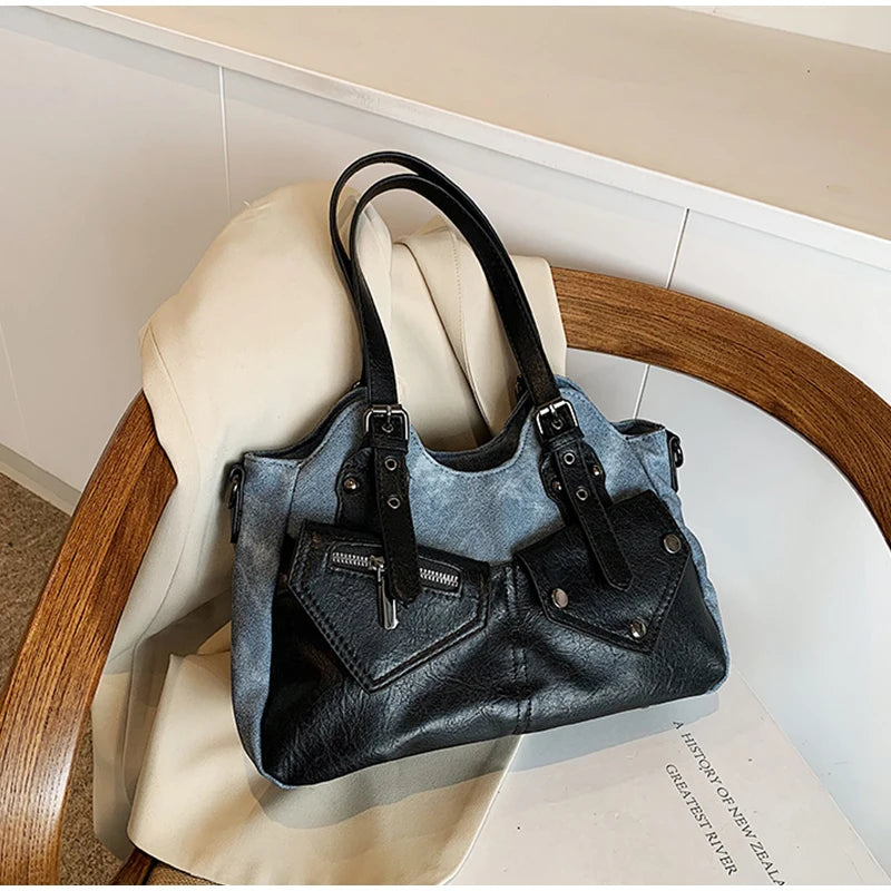 Retro Color-Block Satchel Shoulder Bag – European Style PU Leather Tote Handbag for Women